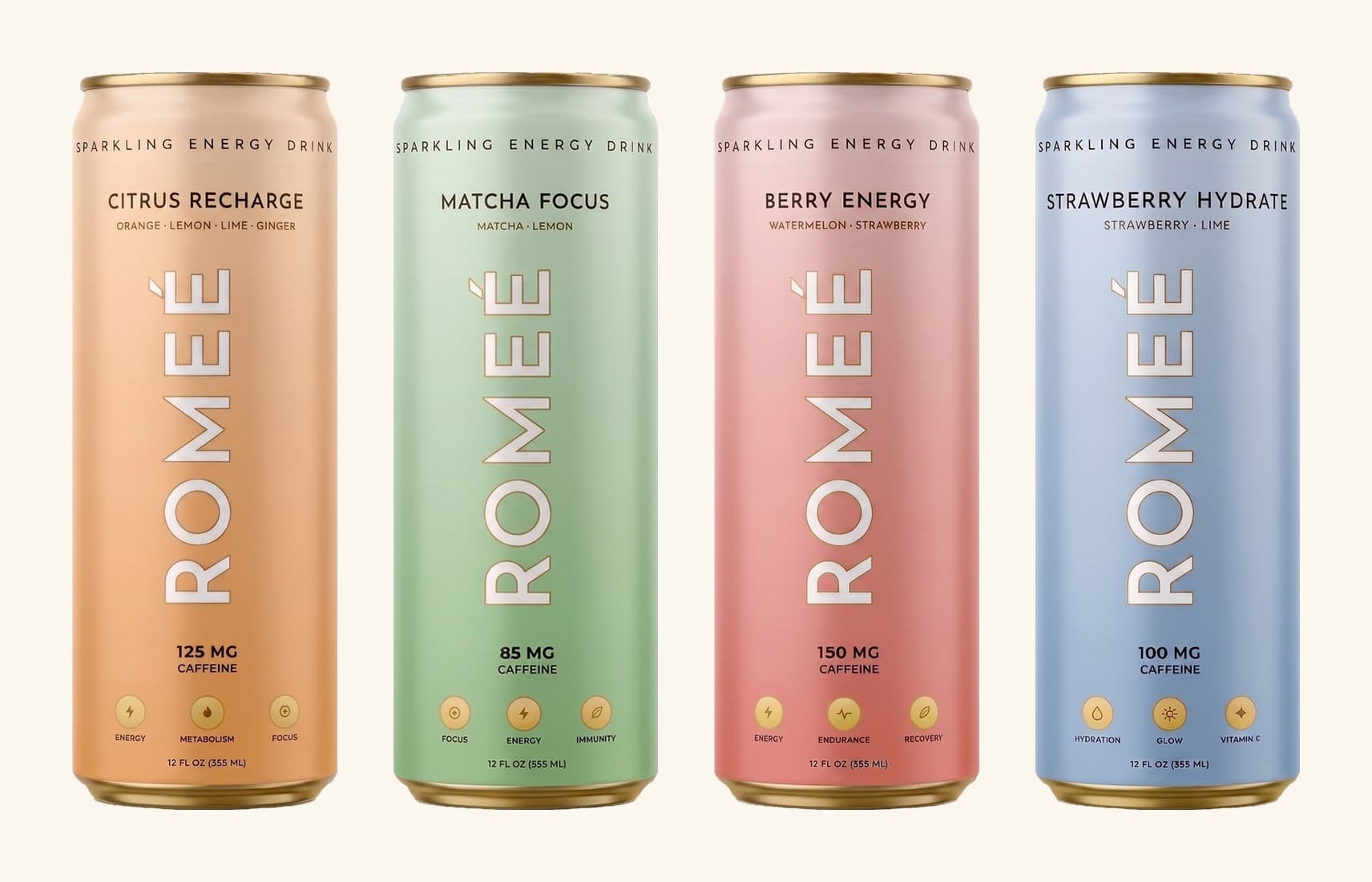 The four Romeé sparkling energy drink cans lined up: citrus, matcha, berry and strawberry